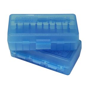 AMMO BOX 50 ROUND FLIP-TOP 38 TO 357 CLEAR BLUE